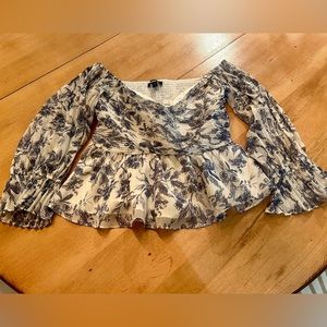 Express Women’s Metallic Printed Pleated Off The Shoulder Peplum Top- Small